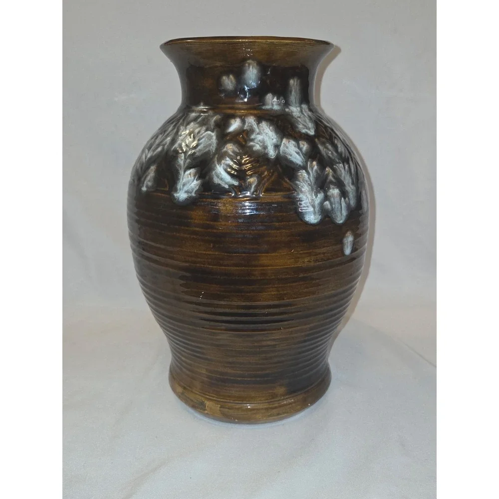 Vintage Brown & White Glossy Pottery Vase Leaf Pattern, Incised PG  12/14/1979